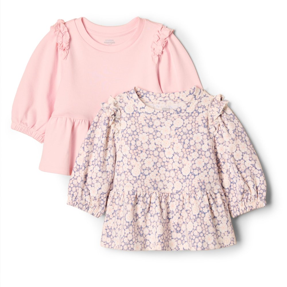 Amazon Essentials x Sofia Grainge Baby Girls' 3/4 Sleeve Knit Top, Pack of 2, Delicate Floral/Pink, 0-3 Months