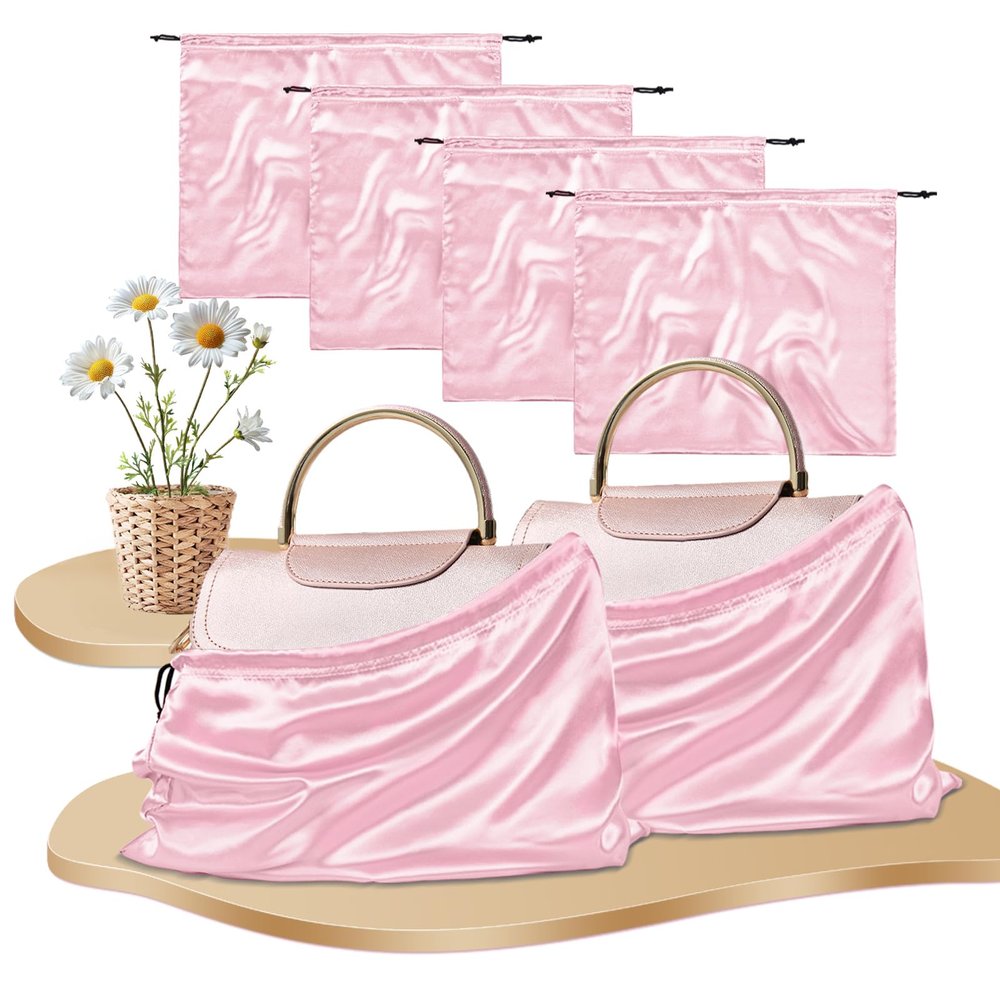 RUDONG M 4 Pack Satin Dust Bags for Handbag, Silky Dust Cover Bags with Drawstring, Pink Purse Dust Bags for Storage, Travel Pouch Clothes Shoes