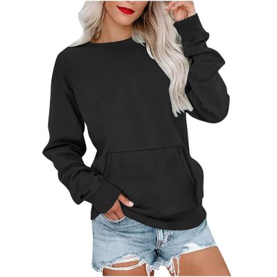 FOCLMP Women Solid Colors Crewneck Sweatshirts Long Sleeve Pullover Tops No Hood Cute Sweatshirt Comfort Sweaters 2024 Sweaters for Women 2024 Trendy Plus Size Black Large