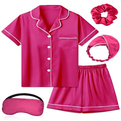 ALHAVONE Kids Girl Pajama Set with Headband Blindfold Hair Tie Toddler Boy Girl Satin Silky Button-up Pajama Sleepwear (Hot Pink-short, 165)
