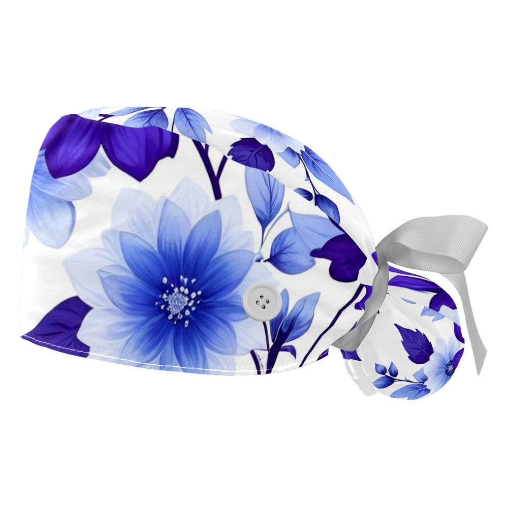 2 Pieces Scrub Caps Women Flower Branch Ponytail Scrub Cap Surgical Caps for Kitchen Multi