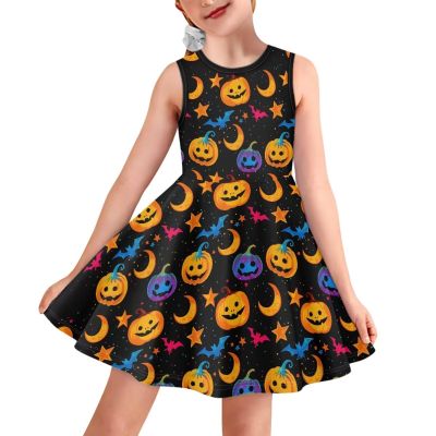 OZELANSAY Halloween Black Dress Kids Cute Pumpkin and Bats Graphic Casual Crew Neck Skater Swing Summer Dresses 15T 16T School Funny Halloween Print Outfits Home Sleeveless Clothes Novelty Dress
