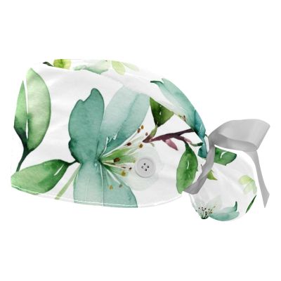 2 Pieces Scrub Caps Women Jasmine Flower Branch Scrub Caps Women Satin Lined Surgical Cap for Nurse Multi