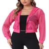 Allegra K Mesh Jacket for Women's Zip Up Fishnet Hoodie Sexy Sheer Crop Bomber Jackets Small Rose Red