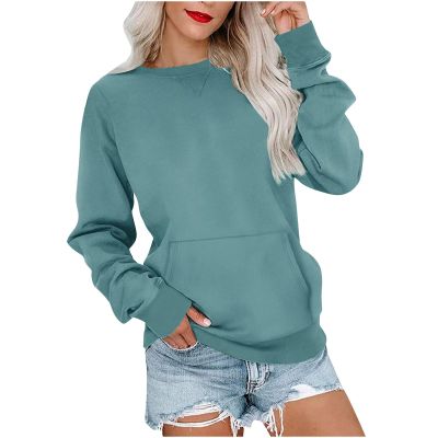 FOCLMP Women Solid Colors Crewneck Sweatshirts Long Sleeve Pullover Tops No Hood Cute Sweatshirt Comfort Sweaters 2024 Fall Vacation Outfits for Women 2024 Blue Medium