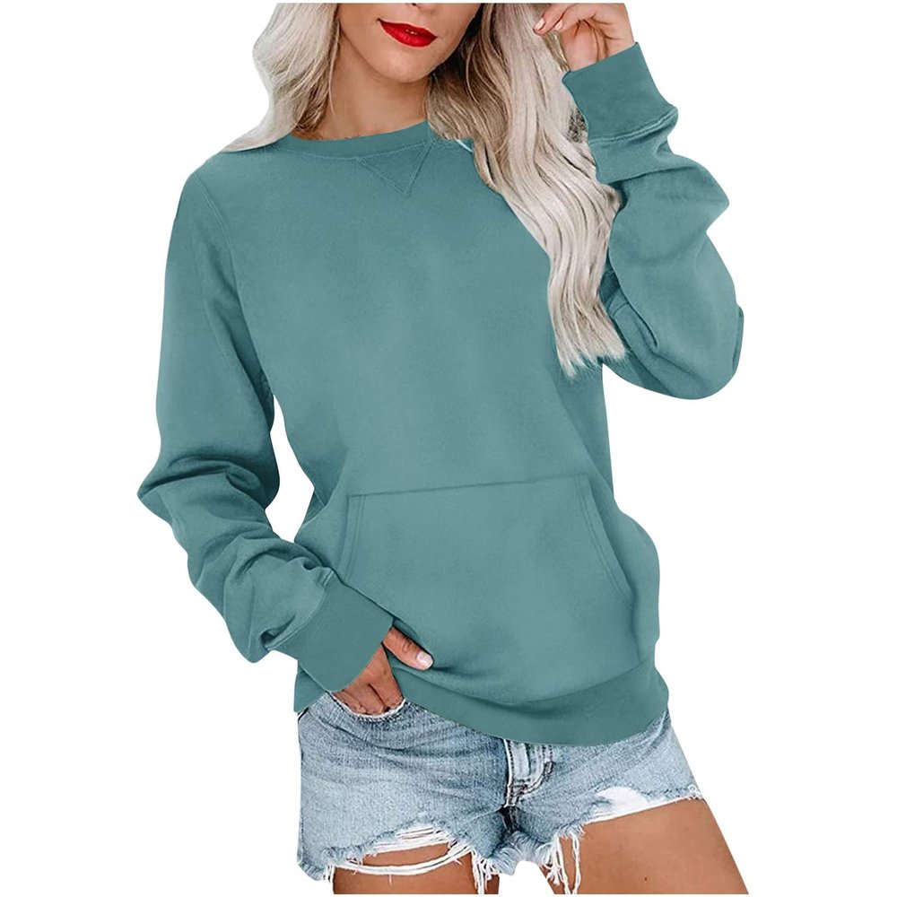 FOCLMP Women Solid Colors Crewneck Sweatshirts Long Sleeve Pullover Tops No Hood Cute Sweatshirt Comfort Sweaters 2024 Fall Vacation Outfits for Women 2024 Blue Medium