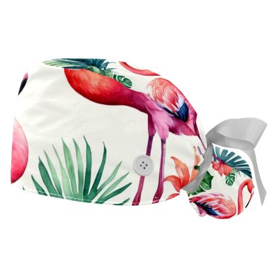 2 Pieces Scrub Caps Women Flower Leaves Flamingo Dental Scrub Caps Surgical Cap for Chef Multi