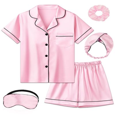 ALHAVONE Kids Girl Pajama Set with Headband Blindfold Hair Tie Toddler Boy Girl Satin Silky Button-up Pajama Sleepwear (Pink-short, 165)