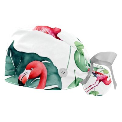 2 Pieces Scrub Caps Women Watercolor Tropical Plant Chef Hat Surgical Cap for Beauty Salon Multi