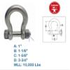 DBMIMPORTERS 1" Bolt Pin Anchor Shackle 10,000 Lbs WLL, T316 Stainless Steel, Drop Forged view 2