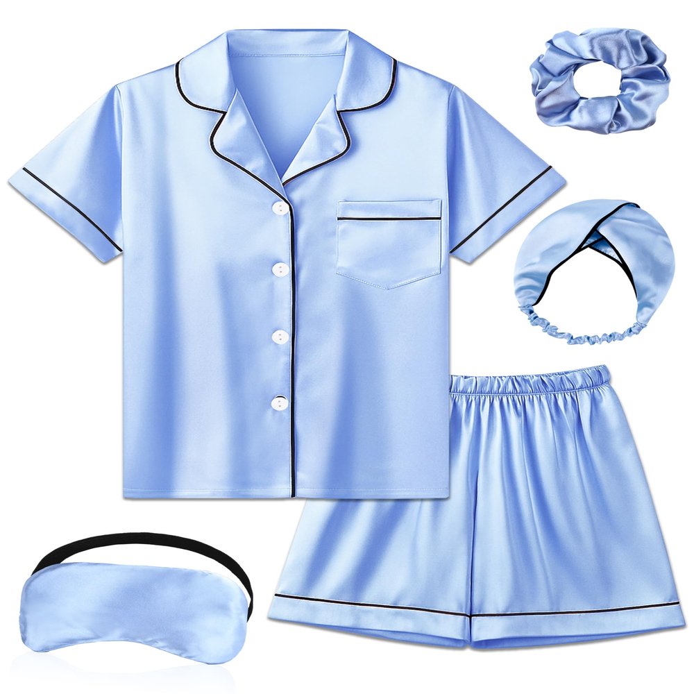 ALHAVONE Kids Girl Pajama Set with Headband Blindfold Hair Tie Toddler Boy Girl Satin Silky Button-up Pajama Sleepwear (Dusty Blue-short, 165)