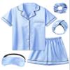 ALHAVONE Kids Girl Pajama Set with Headband Blindfold Hair Tie Toddler Boy Girl Satin Silky Button-up Pajama Sleepwear (Dusty Blue-short, 165) view 1