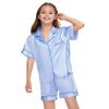 ALHAVONE Kids Girl Pajama Set with Headband Blindfold Hair Tie Toddler Boy Girl Satin Silky Button-up Pajama Sleepwear (Dusty Blue-short, 165) view 4