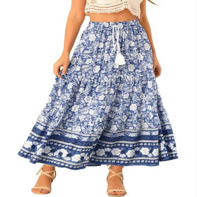 Allegra K Boho Skirt for Women's Casual Peasant Floral Bohemian Tassels Elastic Waist Maxi Skirts XX-Large Blue