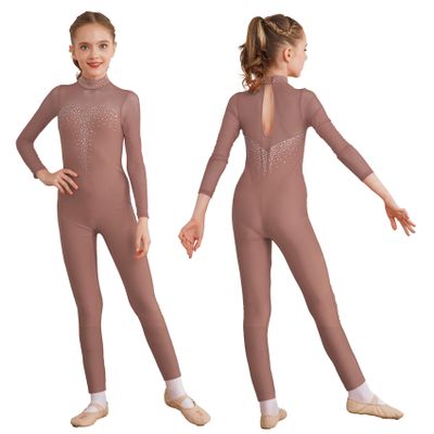 JEYPINMI Kids Girls Unitard Rhinestone Gymnastics Leotard Dance Bodysuit Full Body Figure Ice Skating Jumpsuit Dusty Pink 16 Years