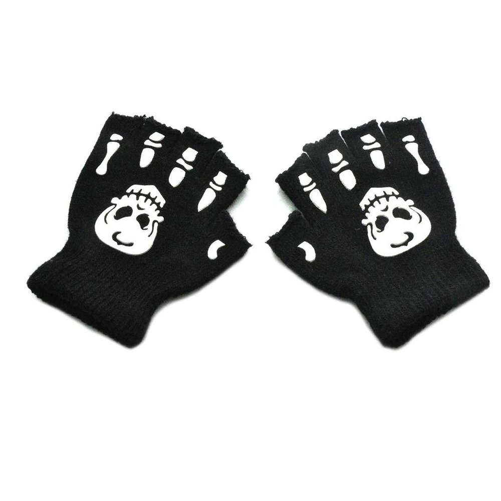 MinnowXY Toddler Kids Halloween Cosplay Skeleton Skull Half Finger Gloves Glow in The Dark Luminous Fingerless Winter Mittens Black+White