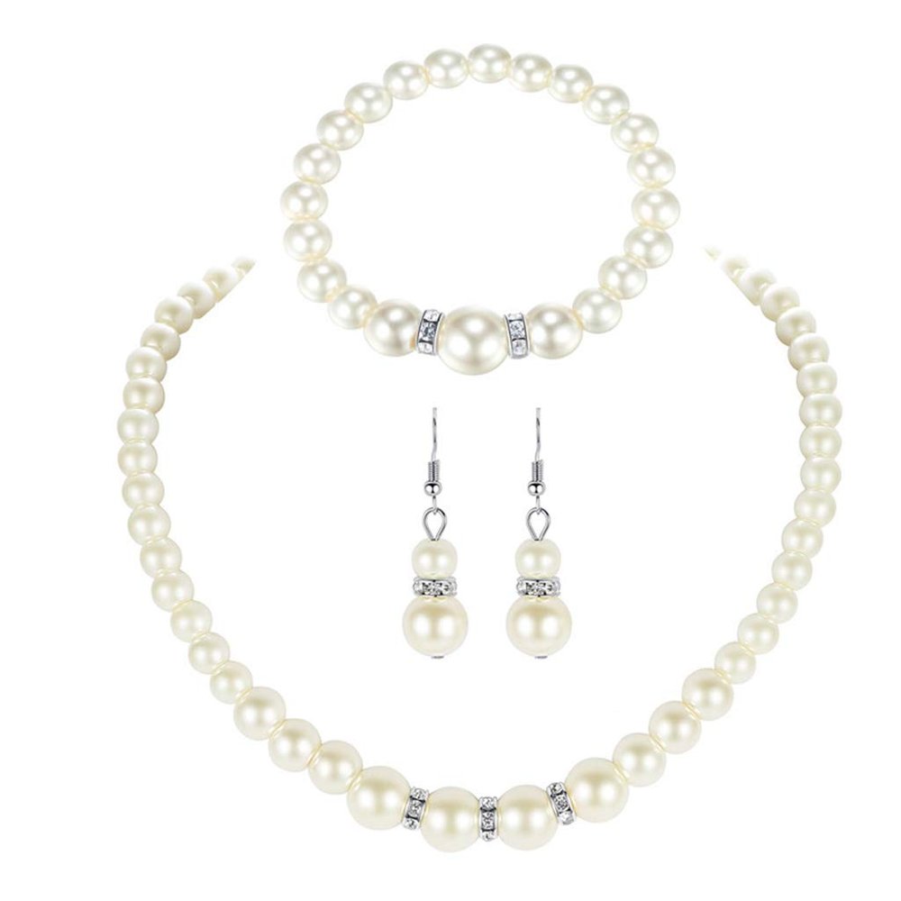 MinnowXY Fashion Pearl Beaded Chain Drop Earrings Women White Faux Pearl Necklace Bracelet Jewelry Set Gift for Sisters ABS