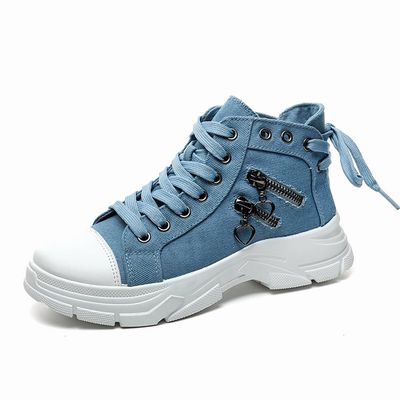 MAUGELY Women's High Top Heightened Sole Sports Causal Fashion Sneakers Canvas Shoes Blue 7 US