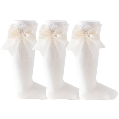 BonjourMrsMr Baby Girls Ruffle Bow Socks Cotton Knee High Socks Toddlers Cute Soft Breathable 3 Pairs for Kids Dress Socks