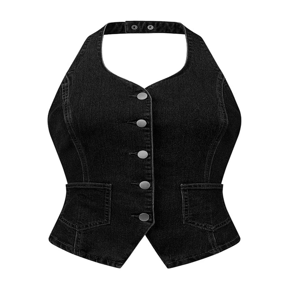 Allegra K Denim Vest for Women's Halter Neck Button Down Backless Jean Waistcoat Medium Black