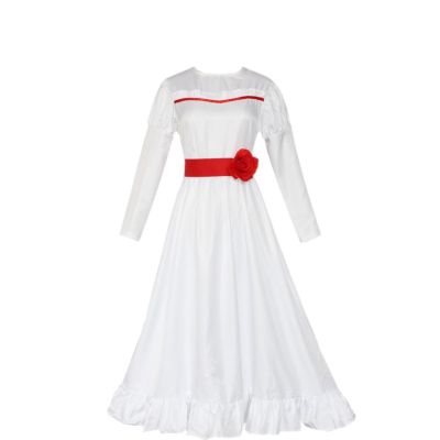 Oplxuo Horror Movie Annabelle Costume Adult Women Anna Cosplay White Dress 3D Flower Annabelle Halloween Costumes