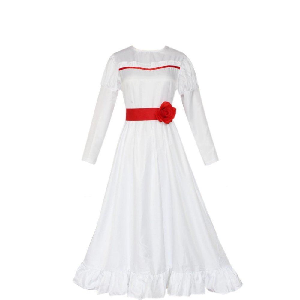 Oplxuo Horror Movie Annabelle Costume Adult Women Anna Cosplay White Dress 3D Flower Annabelle Halloween Costumes