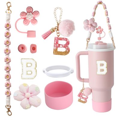 1ze1ziyo 9PCS Cup Accessories Set for Stanley Cup 30oz 40oz Tumbler - Including Water Bottle Handle Strap,Straw Cover Cap,Spill Proof Stoppers,Boot,Initials Letter Charm,Sticker,Flower,Letter B,Pink