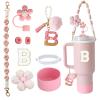 1ze1ziyo 9PCS Cup Accessories Set for Stanley Cup 30oz 40oz Tumbler - Including Water Bottle Handle Strap,Straw Cover Cap,Spill Proof Stoppers,Boot,Initials Letter Charm,Sticker,Flower,Letter B,Pink