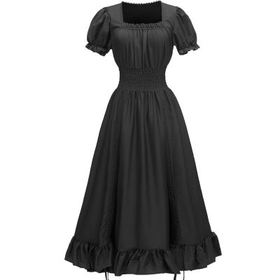 Oplxuo Women Renaissance Costumes Medieval Dress Victorian Square Neck Puff Sleeve Drawstring Ruffle High Low Gothic Dress Black