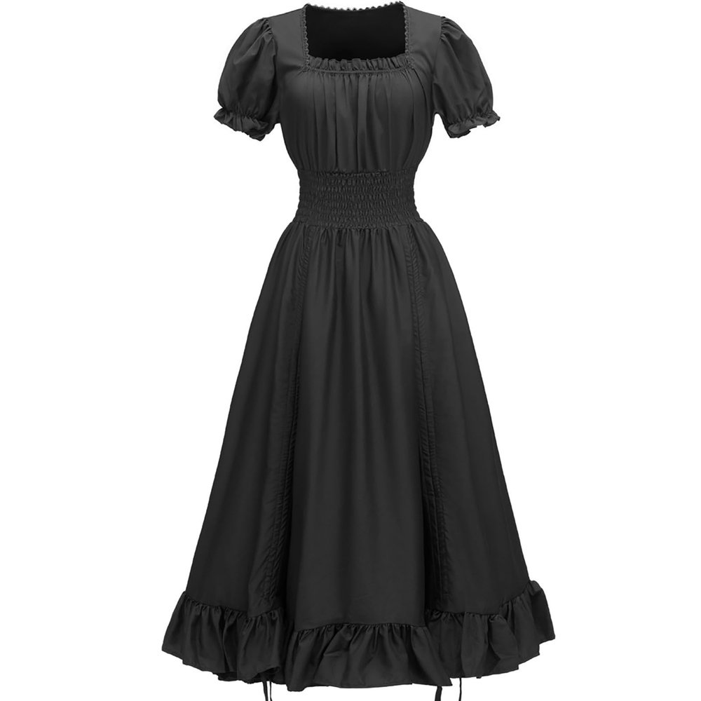 Oplxuo Women Renaissance Costumes Medieval Dress Victorian Square Neck Puff Sleeve Drawstring Ruffle High Low Gothic Dress Black