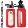 CIVAGO 32 oz Glass Water Bottle with Straw and Handle, Large Sports Motivational Water Bottle Flask with Time Marker and 2 Lids, Leakproof Water Jug Canteen with Silicone Sleeve for Gym,Red view 1