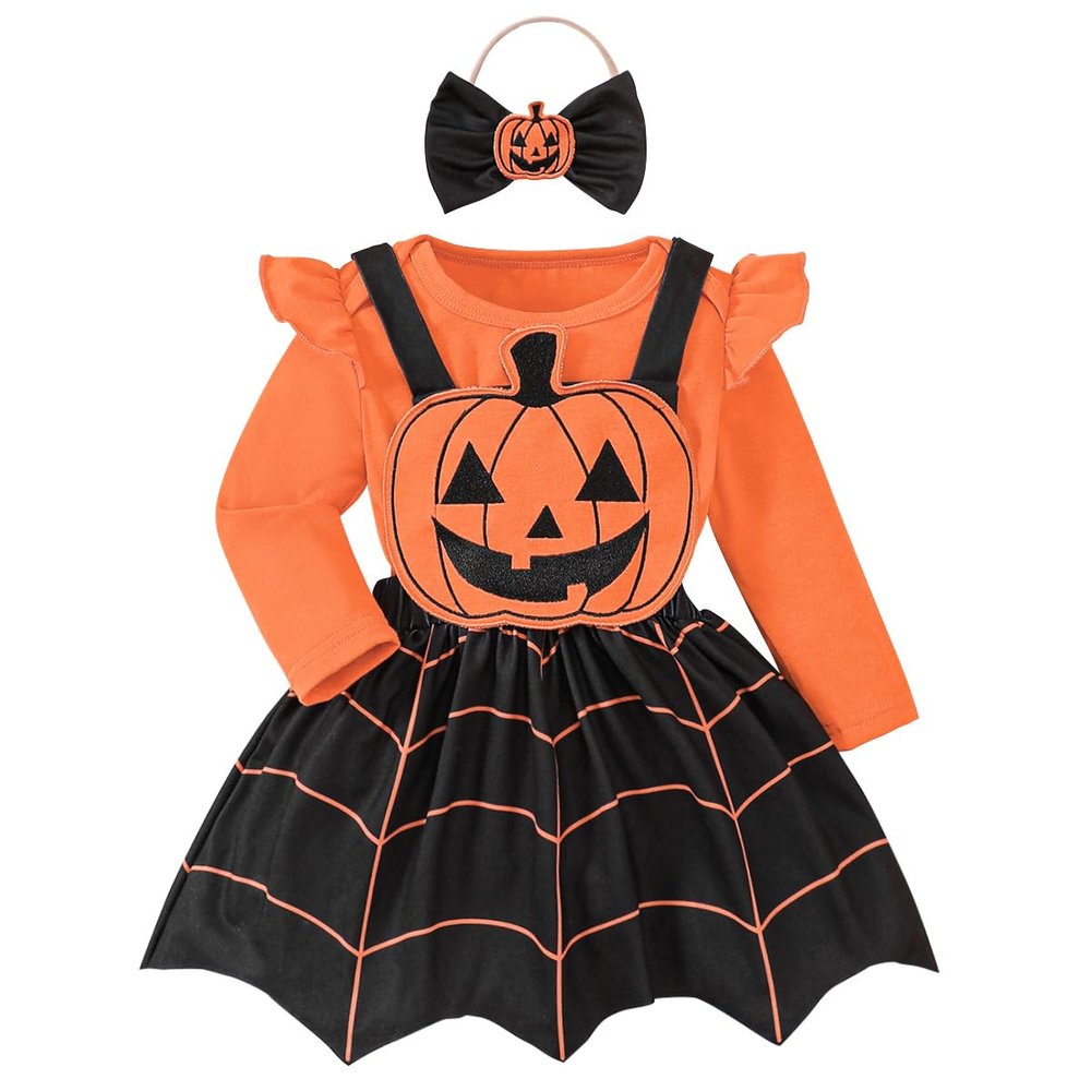 AGQT Halloween Infant Baby Girls Strap Dress Long Sleeve Romper Pumpkin Ghost Face Suspender Skirt Three Piece Suit Orange Size 0-3 Months