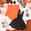 AGQT Halloween Infant Baby Girls Strap Dress Long Sleeve Romper Pumpkin Ghost Face Suspender Skirt Three Piece Suit Orange Size 0-3 Months view 2