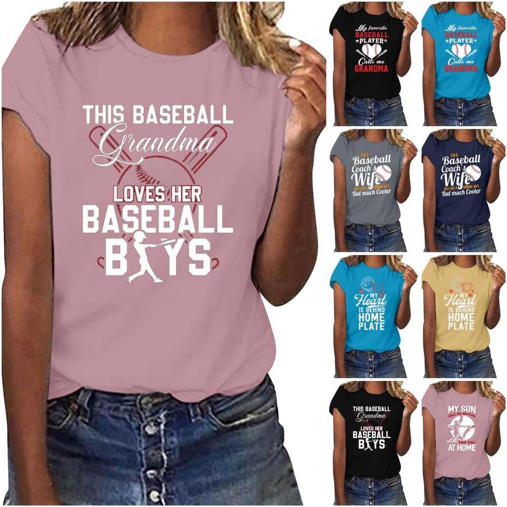 ZYXTIM Womens 2024 T Shirt This Baseball Grandma Loves Her Baseball Boys Tops Grandma Baseball T-Shirts Funny Cute Blouse A-Pink