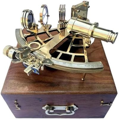 ANTIQUE AURA Brass Sextant Instrument with Wooden Box Working Sextant 9" Fully Navigation Ship Astrolabe Sextant