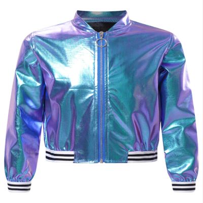 Aislor Kids Girls Shiny Baseball Jacket Long Sleeve Sparkle Metallic Zipper Bomber Jacket Coat Outerwear Clubwear Colorful 12 Years