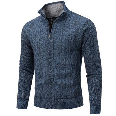 AKuVoL Men's Full Zip Cardigan Sweater Stand Collar Slim Fit Long Sleeve Fall Winter Knitwear with Pockets Navy Blue M