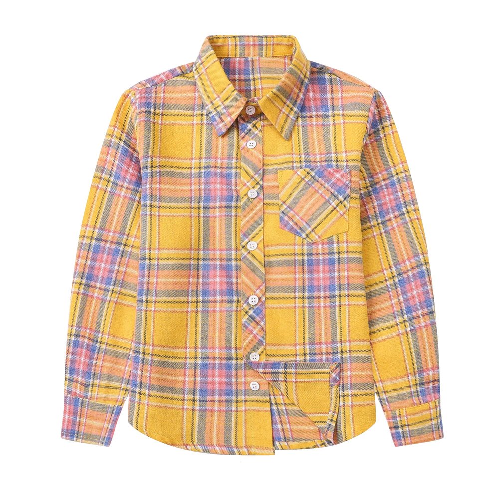 Betusline Girls' Plaid Flannel Shirt, Kids Long Sleeve Button Button Shirts Tops,F Yellow & Blue #14-5 Years= Tag 120