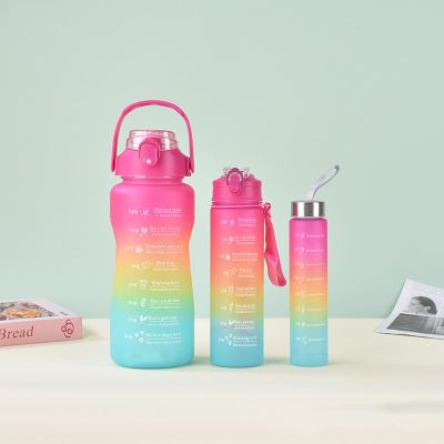 BXFYANSDH Creative gradient color three-piece set of plastic cups with double drink spouts stickers portable outdoor sports water bottle with large capacity