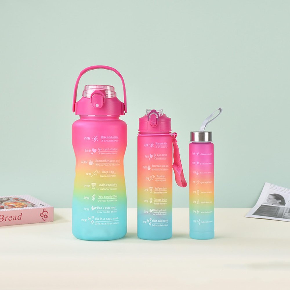 BXFYANSDH Creative gradient color three-piece set of plastic cups with double drink spouts stickers portable outdoor sports water bottle with large capacity