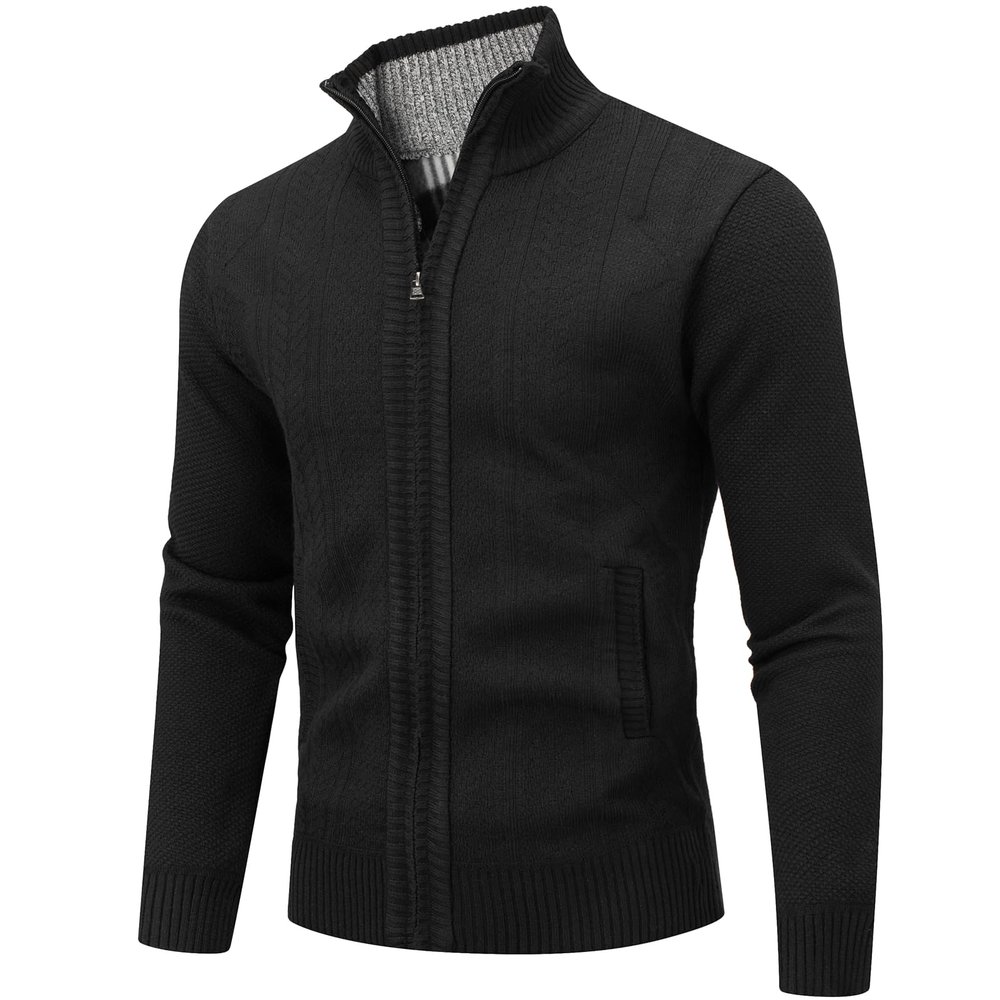 AKuVoL Men's Cardigan Sweaters Full Zip Stand Collar Slim Fit Cable Knit Long Sleeve Casual Sweater with Pockets Black XL
