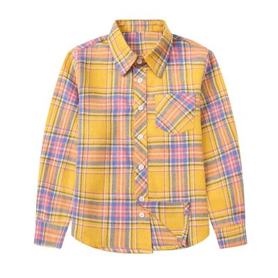 Betusline Girls' Plaid Flannel Shirt, Kids Long Sleeve Button Button Shirts Tops,F Yellow & Blue #13-4 Years= Tag 110