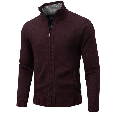 AKuVoL Men's Knit Cardigan Sweater Slim Fit Long Sleeve Stand Collar Zip Up Casual Sweater for Men Wine Red 2XL