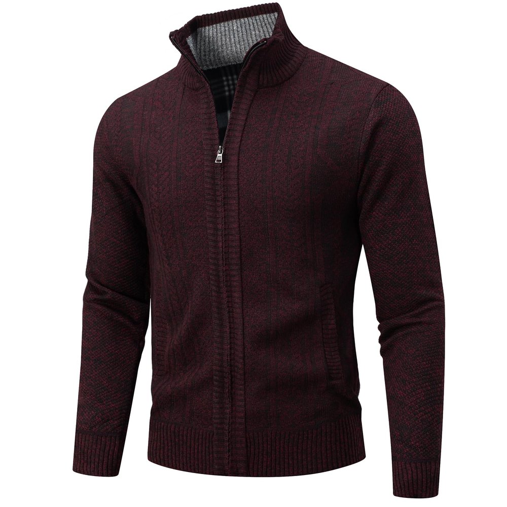 AKuVoL Men's Knit Cardigan Sweater Slim Fit Long Sleeve Stand Collar Zip Up Casual Sweater for Men Wine Red 2XL