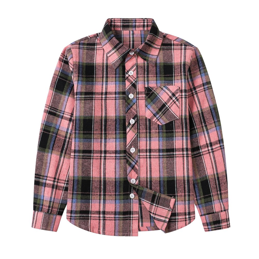 Betusline Girls' Plaid Flannel Shirt, Kids Long Sleeve Button Button Shirts Tops,F Pink & Green #13-4 Years= Tag 110