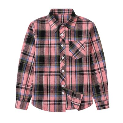 Betusline Girls' Plaid Flannel Shirt, Kids Long Sleeve Button Button Shirts Tops,F Pink & Green #19-10 Years= Tag 160
