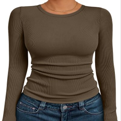 AUTOMET Women's Ribbed Long Sleeve Basic Top - Soft Stretch Crewneck Shirt for Work & Casual Coffee XL