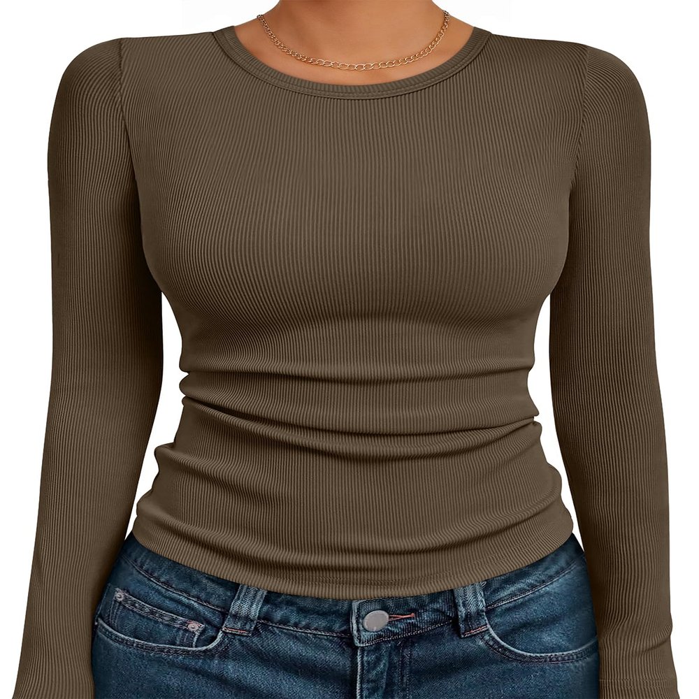 AUTOMET Women's Ribbed Long Sleeve Basic Top - Soft Stretch Crewneck Shirt for Work & Casual Coffee XL