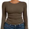 AUTOMET Women's Ribbed Long Sleeve Basic Top - Soft Stretch Crewneck Shirt for Work & Casual Coffee XL view 1