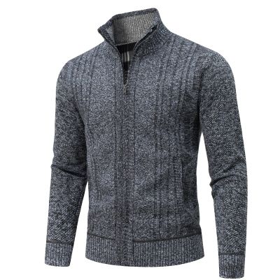 AKuVoL Cardigan Sweaters for Men Full Zip Stand Collar Slim Fit Long Sleeve Knitted Chunky Sweater with Pockets Dark Grey L